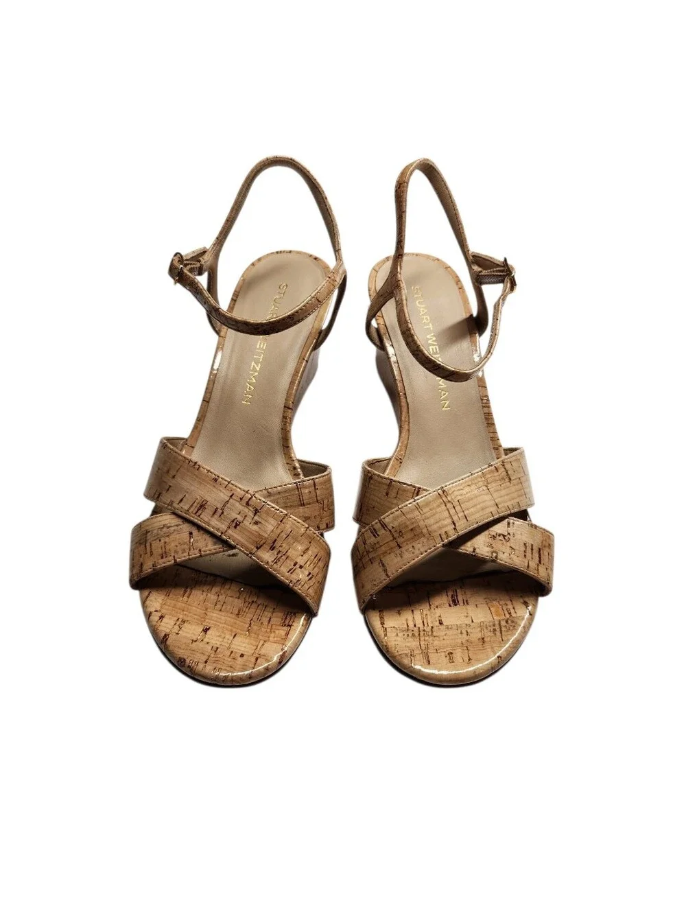 Stuart Weitzman Cork-Patterned Tan Wedge Sandals - Picture 3 of 6
